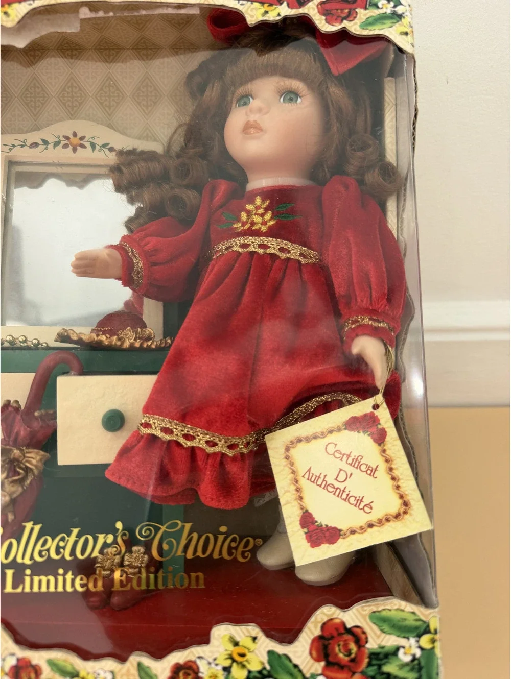 Collectors Choice Genuine Bisque Porcelain Doll With Wood Dressing Table W/COA